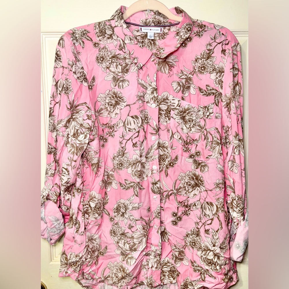 Tommy Hilfiger Pink Floral Button Down Long Sleeve Point Collar Blouse Size L